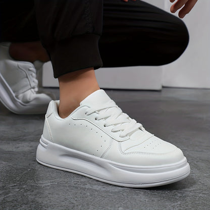 Men's Trendy White Skate Sneakers - Comfortable, Breathable, All-Season Low-Top Lace-Up Shoes with Thick Sole, PU Upper & Mesh Lining for Casual Streetwear