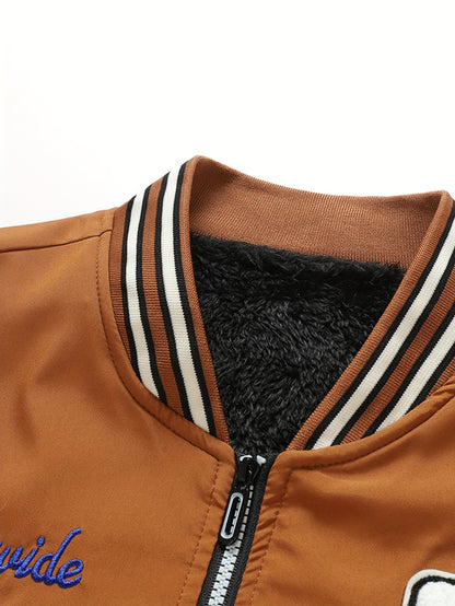 Men's Thermal Insulated Full-Zip Baseball Jacket with Full-Zip Closure - Heavyweight Winter Coat, Brown/White colorblock, Lining - Streetwear Outerwear for Casual & Formal Events - Compatible with Hoodies & Jackets (Men's Fas