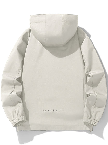 Men's Hooded Casual Windbreaker Jacket - 100% Polyester, Non-Stretch Woven Fabric, Long Sleeve, Regular Length, Alphabet Pattern, Zippered Pockets, Detachable Hood - All-Season Outdoor Lightweight Coat