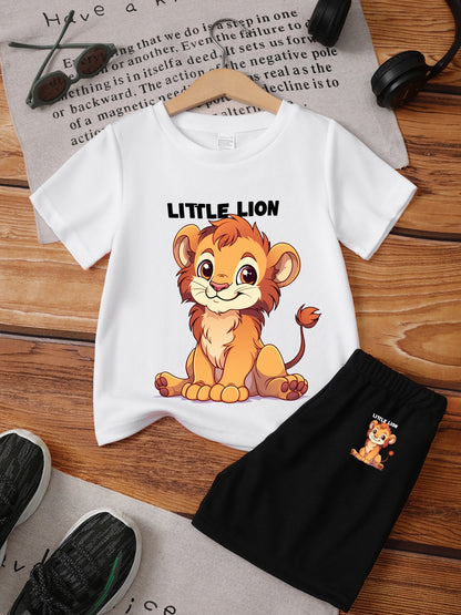 Boys' Casual Lion Print T-Shirt and Shorts Set for Spring/Summer