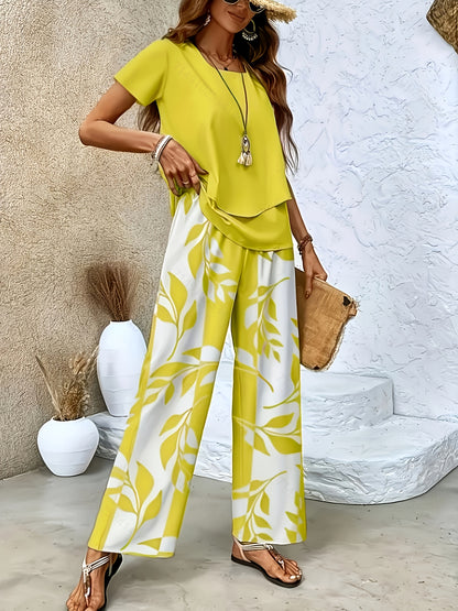 Women's Elegant 2-Piece Set: Crew Neck Top & Printed Pants
