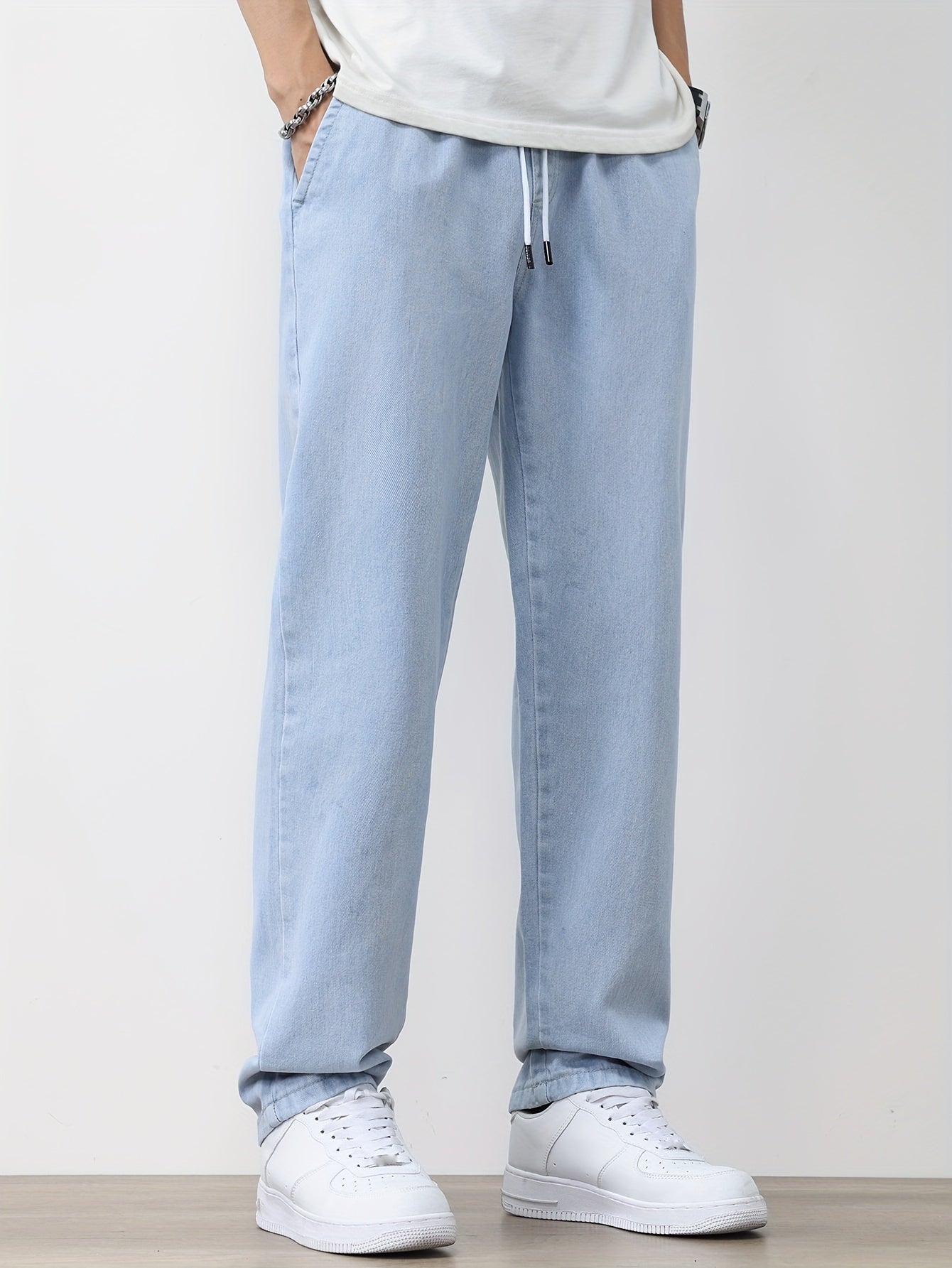 Men's Solid Washed Denim Trousers With Pockets, Causal Drawstring Cotton Blend Barrel Jeans For Outdoor Activities