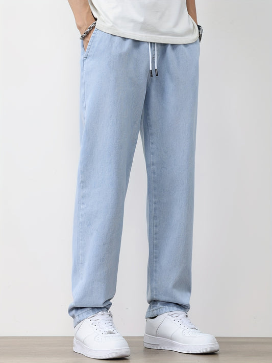 Men's Solid Washed Denim Trousers With Pockets, Causal Drawstring Cotton Blend Barrel Jeans For Outdoor Activities