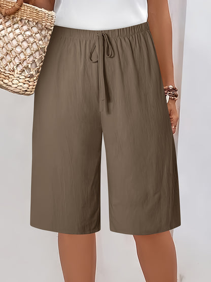 Women's Casual Beach Shorts with Faux Drawstring - Lightweight Polyester, Solid Brown, Knee-Length, Relaxed Fit, Machine Washable, All-Season Wear, Casual Summer Wear | Kneelength Shorts | Polyester Shorts