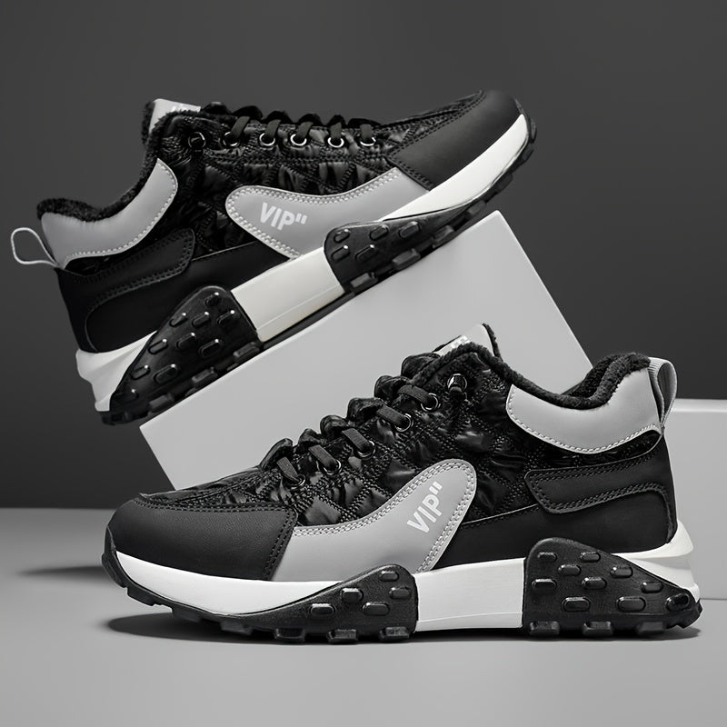 Men'S Stylish Color-Block Plush-Lined Winter Sneakers - Warm, High-Stability Running Shoes with Lace-Up Closure, Geometric & Solid Color Design, Synthetic & Fabric Upper, PVC Sole for Casual & Outdoor Activities, Winter Sneak