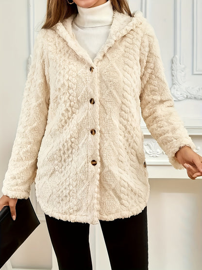 Elegant Pink Faux Fur Coat for Women - Chic Button-Front Hooded Jacket with Sleek Collar, Long Sleeves, and Ribbed Detailing - Perfect for Fall & Winter, Hand or Dry Clean Only