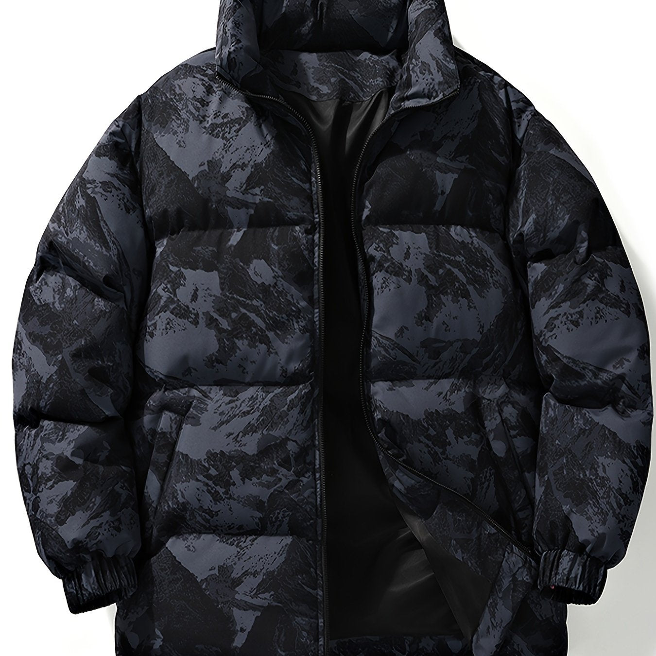 Men's Winter Mountain Camo Hooded Jacket with Insulating Polyester Fill - Stand Collar & Zippered Pockets, Machine Washable Outdoor Coat for Hiking, Camping, Casual Wear - White/Black/Gray (Regular Fit) by Ocean Muai Xing