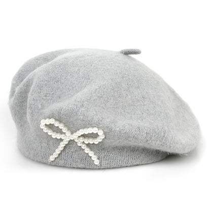 1pc Women's Wool Beret with Pearl Bow - Elegant, Breathable, and Stylish in Multiple Colors (Black, Brown, Gray, Beige, Purple, Pink) for Casual Attire