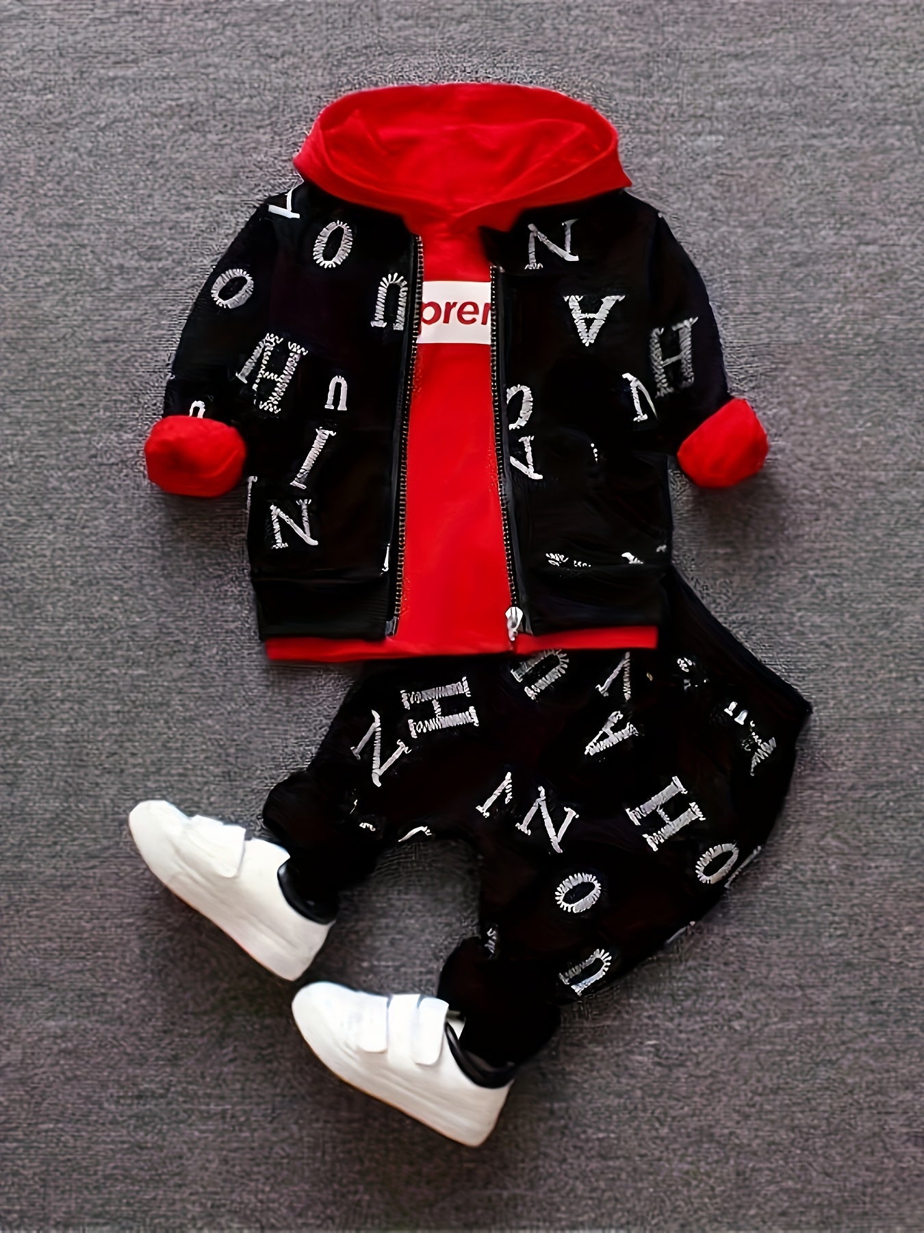 BabiColor Boys' 3pcs Cotton Blend Outfit Set - Letter Print Hoodie, Zip-Up-up բաճկոն և տաբատ գարնան/աշունի համար, կատարյալ դրսի համար