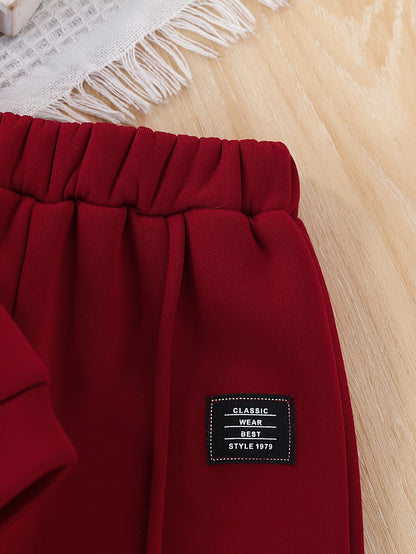 2pcs Girls' Fleece Hooded Sweatsuit Set - Oversized Hoodie & Jogger Pants with Elastic Waist, Thick Warm Winter Outfit, Machine Washable Red Sweatsuit for Casual Casual Attire & Clothing (Matching Outfit) - Cozy Fleece Fabric