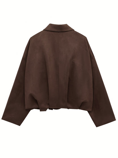 Կանացի վինտաժային բոմբեր բաճկոն - ազատ չափի երկար թևքով, կայծակաճարմանդով և իջեցված ուսերով, շագանակագույն առօրյա վերնազգեստ աշուն/ձմեռ համար, չձգվող գործվածք, իդեալական է առօրյա հագուստի համար, աշուն-ձմեռ բաճկոն | Վինտաժային բոմբեր ոճ | Zipp