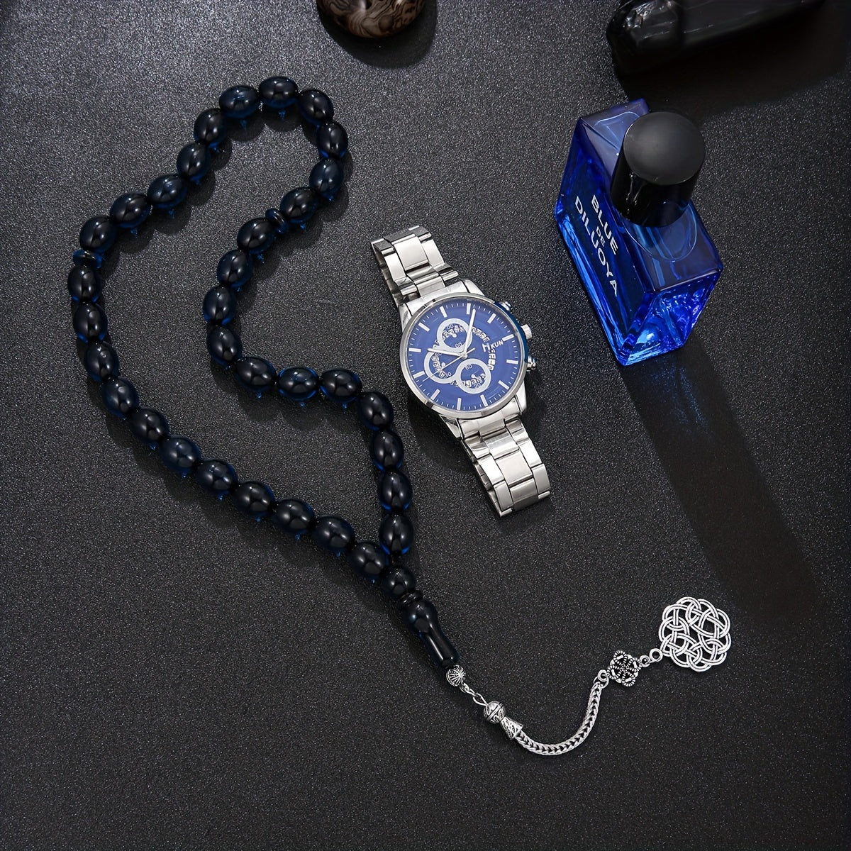Men's Set, Alloy Blue Dial Watch + Perfume + Prayer Beads, Blues Style