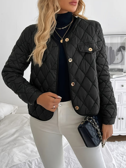 Women'S Quilted Jacket with Golden Buttons - Stylish White Long Sleeve Coat, Casual Fit, Faux Pockets, Perfect for Casual Attire, Casual Wear Jacket | Quilted Jacket | Buttoned Jacket