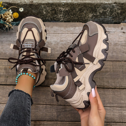 Women's Platform Sports Shoes, Two Tone Lace Up Height Increasing Chunky Sneakers, All-Match Walking Trainers