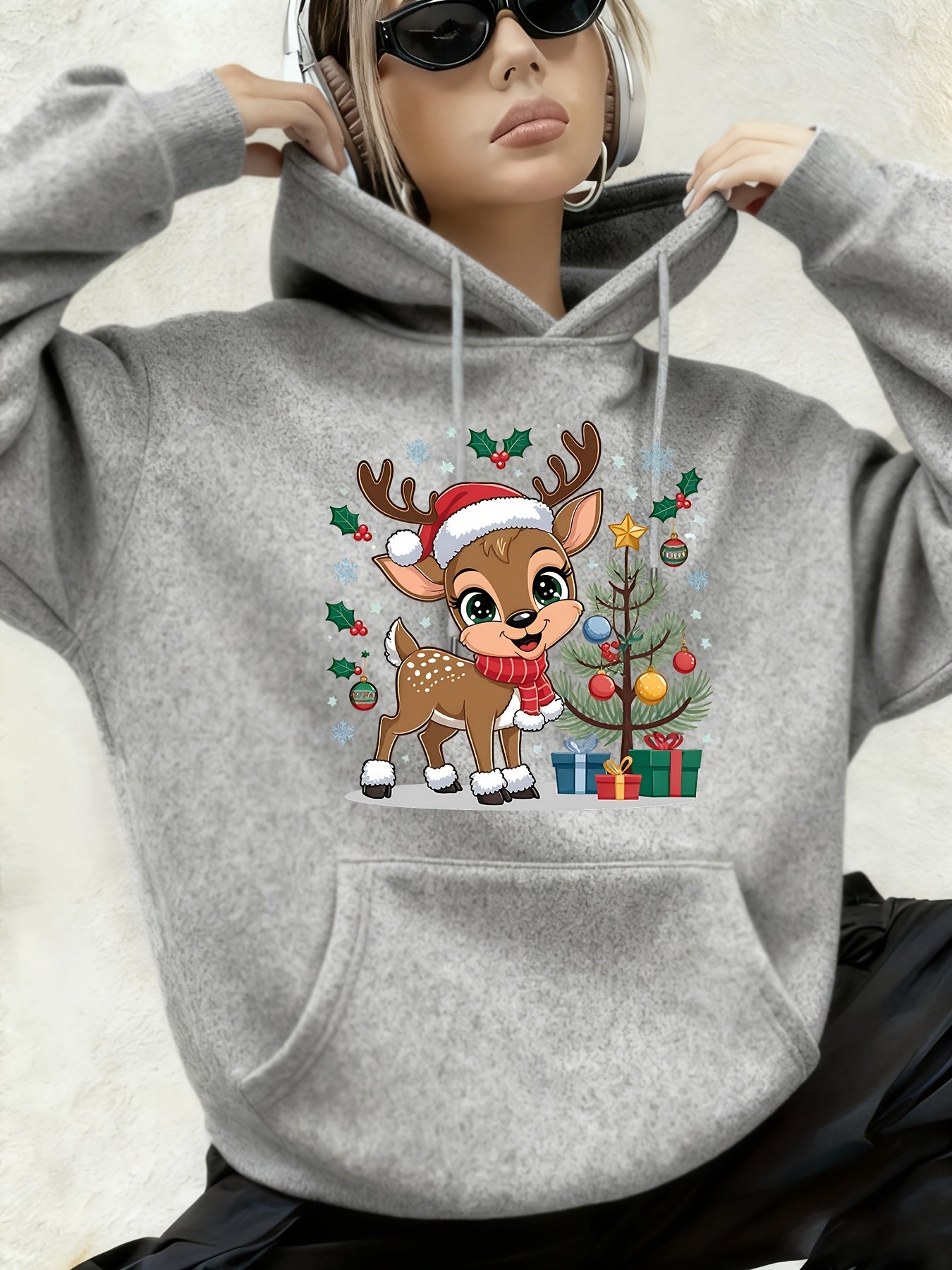 Women'S Christmas Hoodie - Thick Fleece-Lined Winter Sweatshirt with Deer & Snowflakes, Plaid Santa Hat Design, Cozy Casual Pullover for Holiday Party Outfits