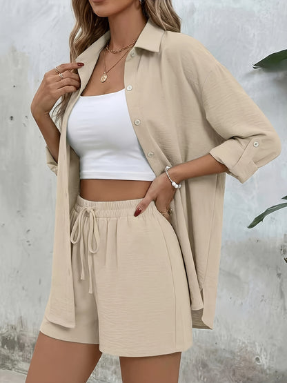Women's Casual Long-Sleeve Shirt & High-Waist Shorts Set for Spring/Su