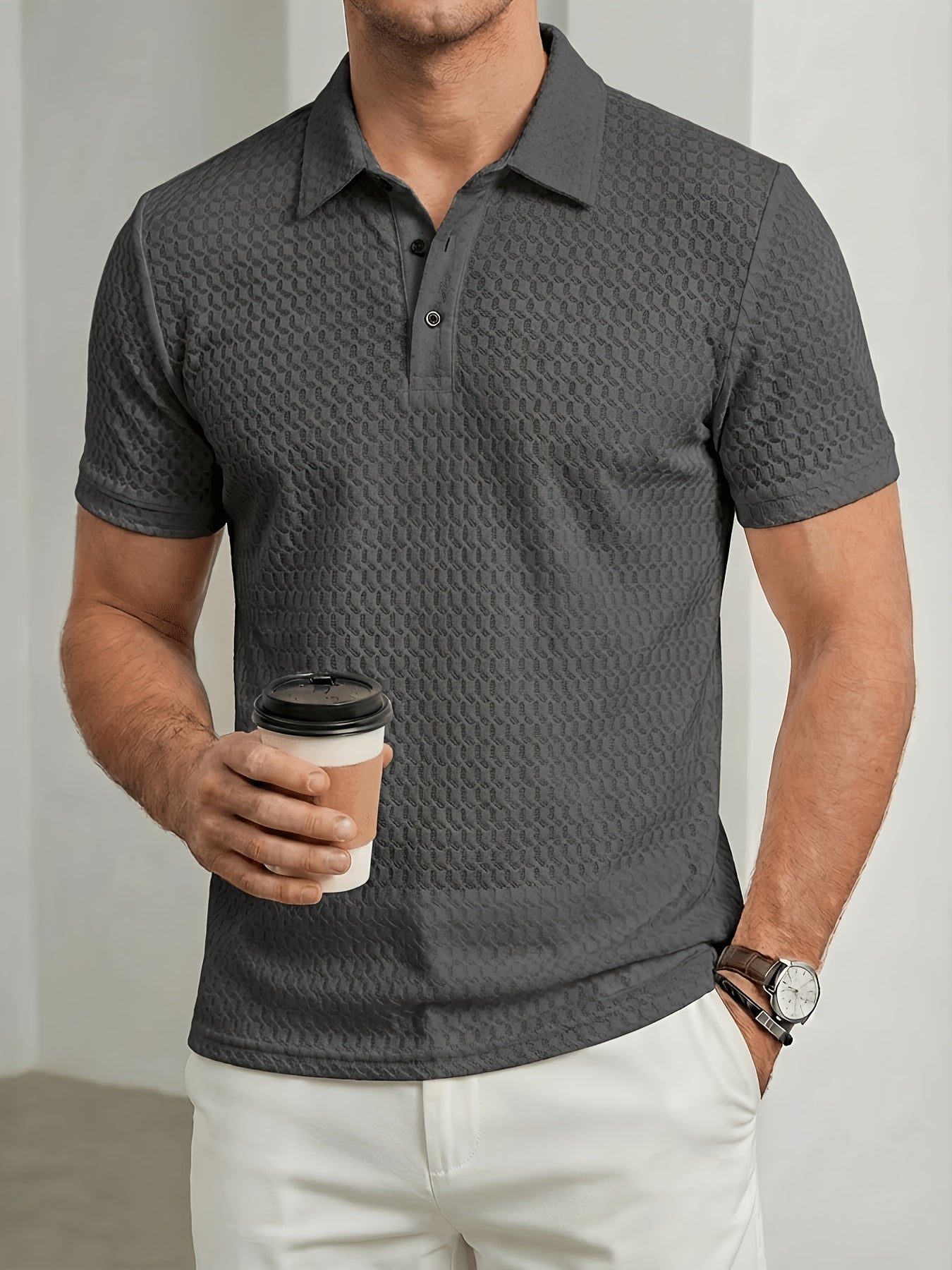 Men's Breathable Waffle Knit Polo Shirt, Summer Casual Work Tee
