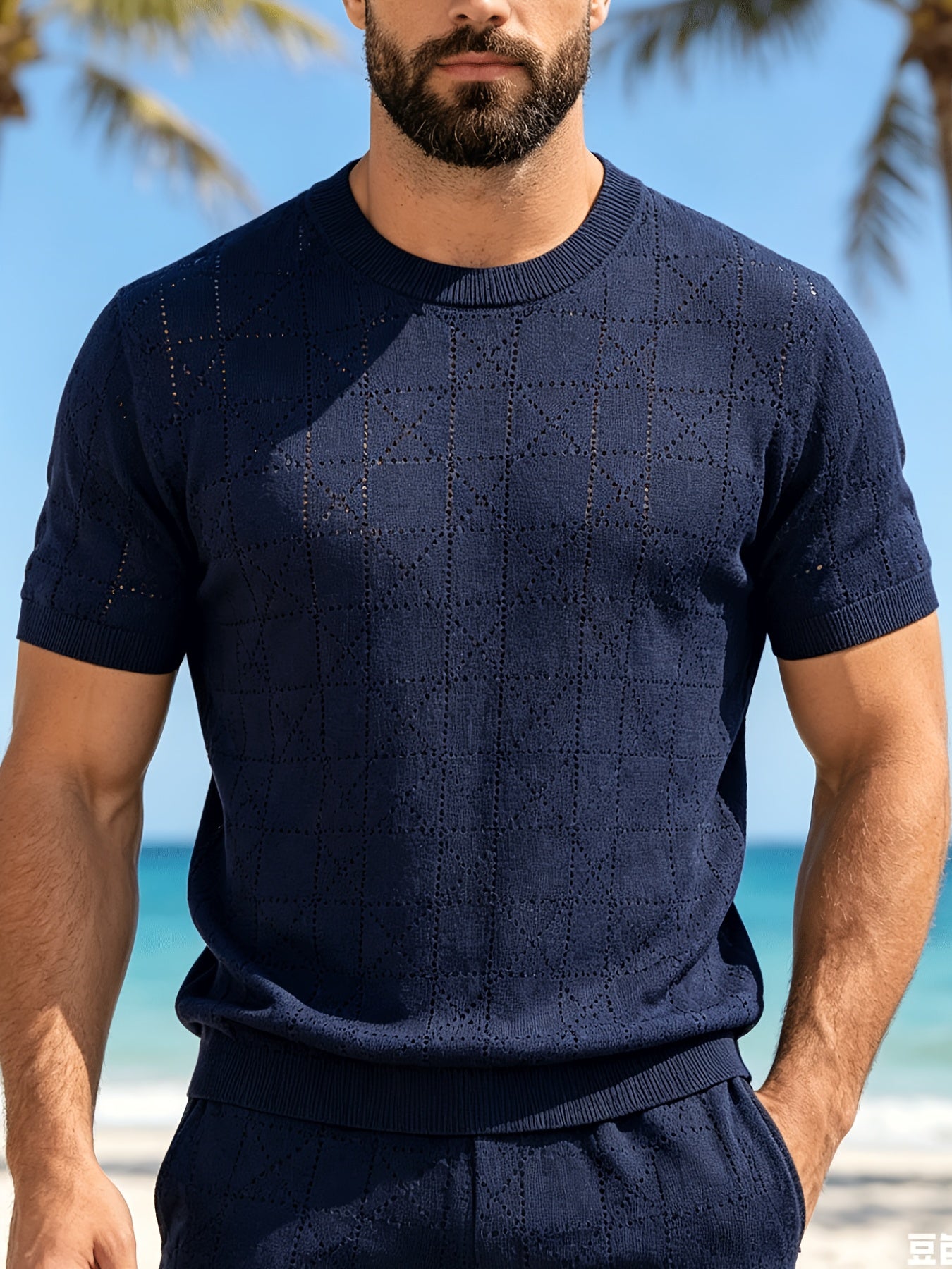 Men's Loose Fit Short Sleeve Hollow Knit Crew Neck Top