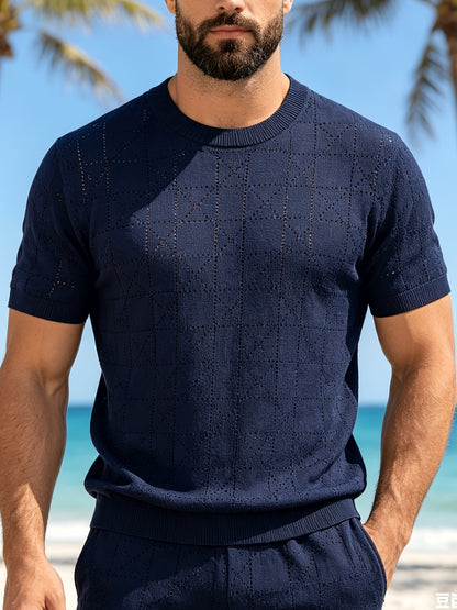 Men's Loose Fit Short Sleeve Hollow Knit Crew Neck Top