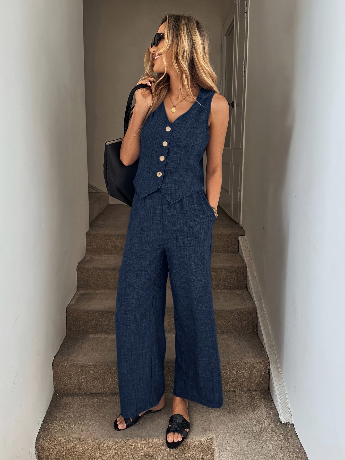 Women's Elegant Sleeveless Vest and Long Pants 2-Piece Set