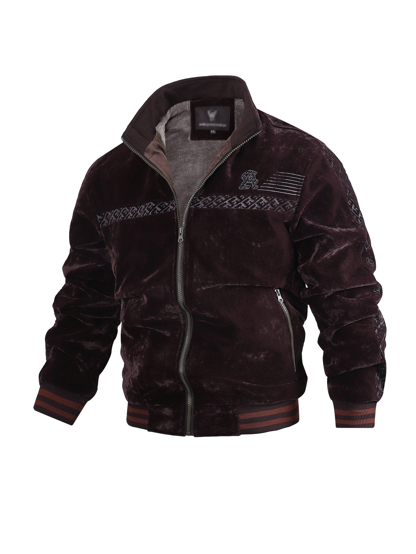 Men's Winter Fleece Jacket with Ribbed Cuffs and Stand Collar