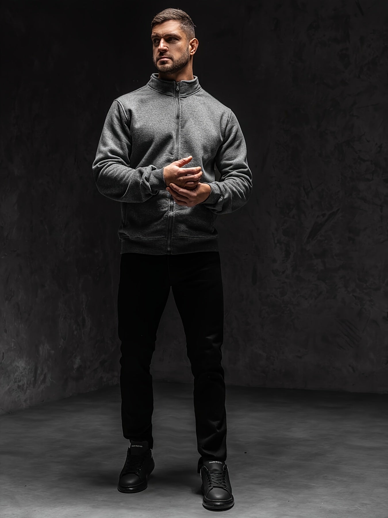 Men's Full-Zip Stand Collar Athletic Jacket - Soft Brushed Interior, Long Sleeve Casual Zippered Sweatshirt, Regular Fit Gym-to-Streetwear, Easy-Care (Hand Wash/Dry Clean) Solid Color Men's Outerwear