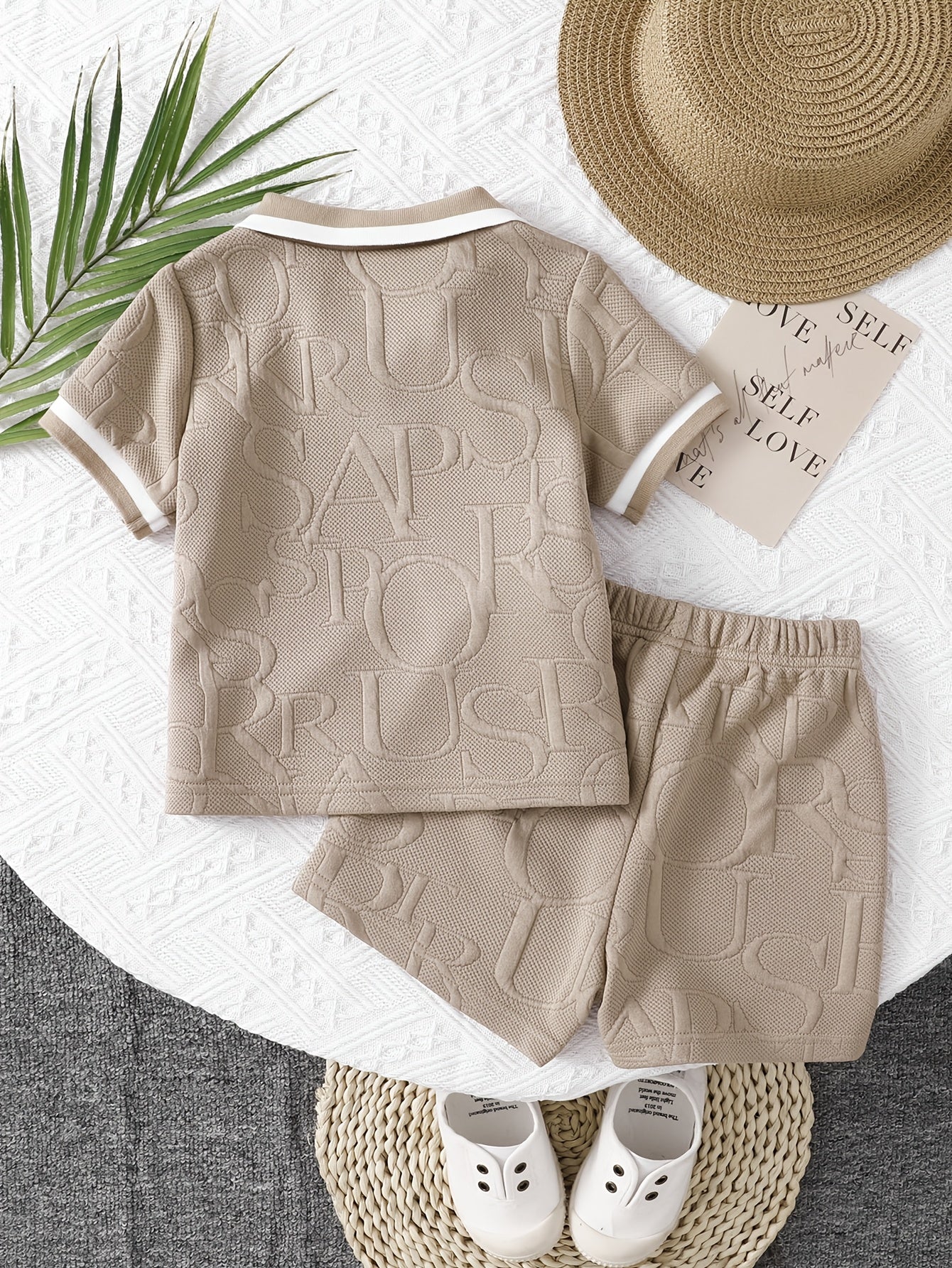 Baby Boy Khaki Lapel Shirt & Green Elastic Waist Shorts Set