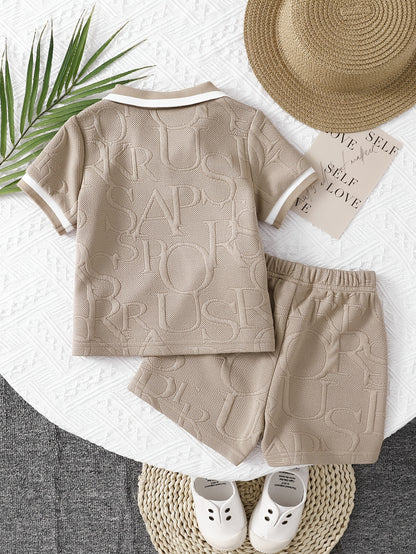 Baby Boy Khaki Lapel Shirt & Green Elastic Waist Shorts Set