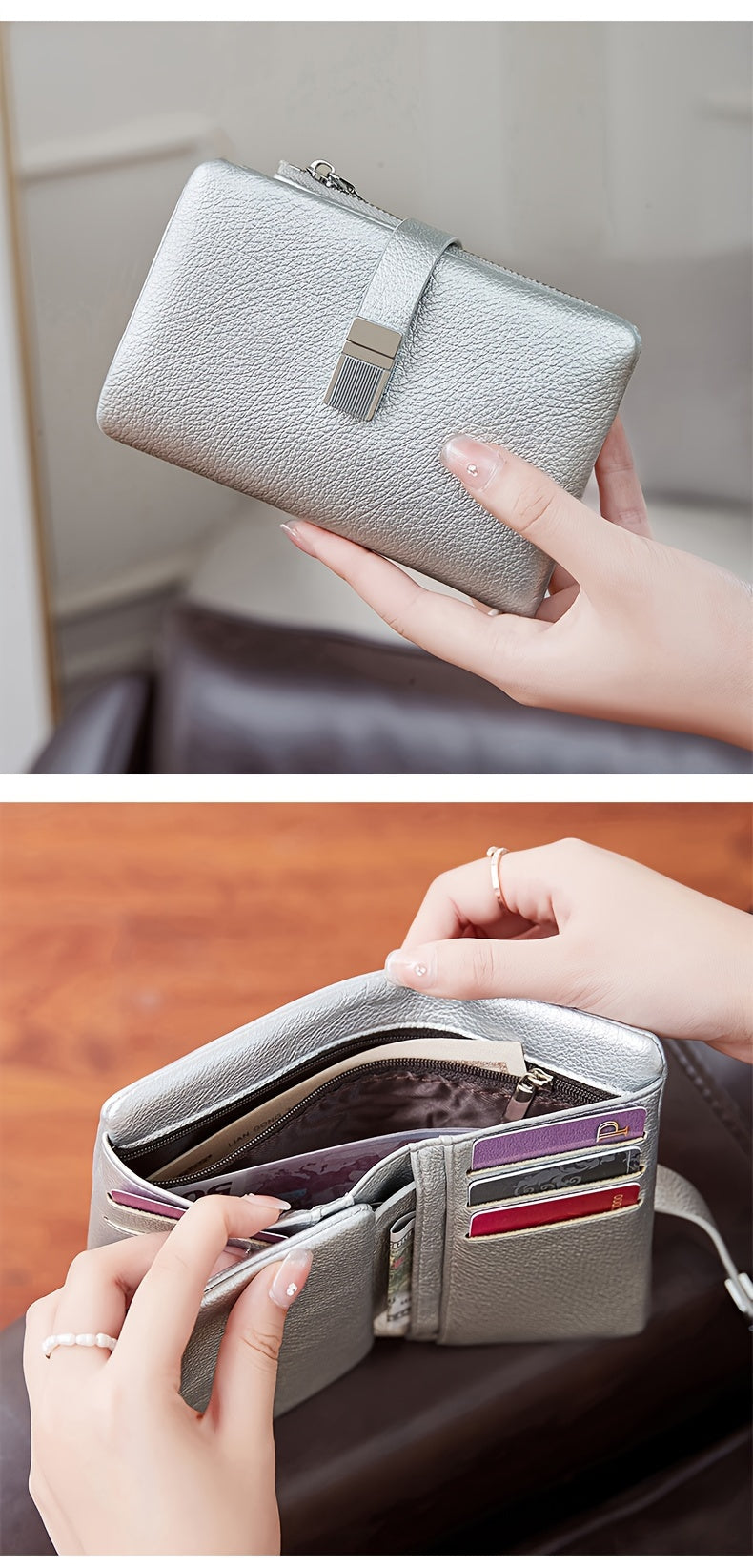 A Compact Trifold Wallet Made of Soft PU in a Solid Color, Featuring Metal Accents. It Includes a Zippered Coin Pocket, Card Slots, And an ID Window, Suitable for Credit Cards, ID Cards, Cash, And Coins. This Modern, Lightwei
