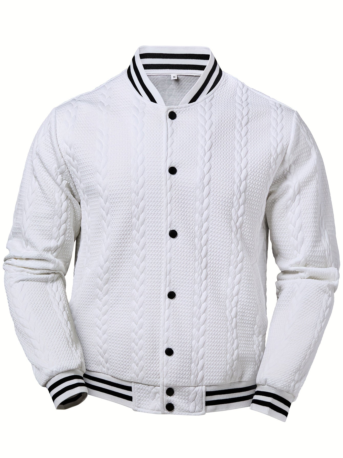 Men's Lightweight Bomber Jacket - White/Black Contrast & Dark Blue Piping, Machine-Washable Casual Coat with Button Closure, No- Design for Fall/Winter, Versatile Outerwear (Beige/Pink Shades Available) - Stylish & Breathable