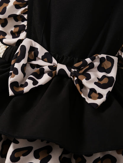 2pcs Set for Newborn Girls, Cute Leopard Print Ruffle Dress with Elastic Waist and Bowknot, Matching Headband, 100% Polyester Woven, Regular Fit, for Outdoor