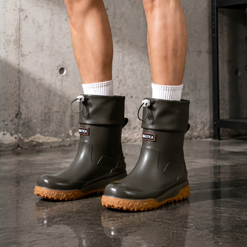 Men's Short PVC Rain Boots with Adjustable Drawstring & Tread Sole