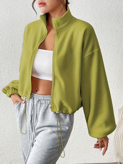 Women'S Casual Zippered Front Drawstring Hem Jacket - High-Neck Long Sleeve with Pockets, All-Season Comfort, Machine Washable, Versatile for Casual Attire, Casual Wear Jacket | Highneck Jacket | Zippered Jacket