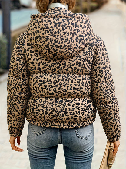 Women'S Cozy Leopard Print Hooded Jacket - Thick Warm Winter Coat with Zipper Closure, Casual Long Sleeve Outerwear for Fall & Winter, Brown & Black Animal Print Design, Cozy Fall Wear | Leopard Print Jacket | Zippered Jacket