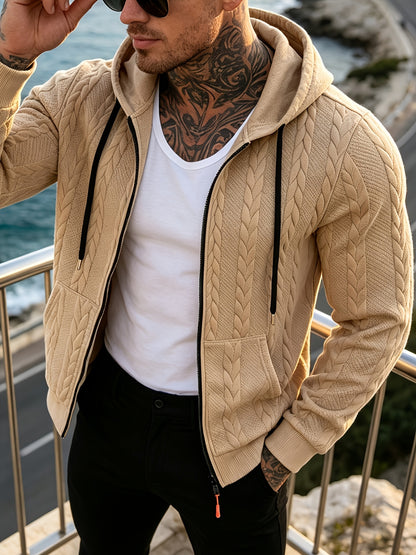 Men's Cable Knit Hooded Jacket Casual Fall Winter Outerwear