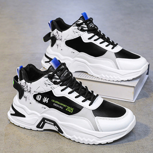 Men's Sneakers - Thick Platform Cushioned Sole, Lace-Up Closure, PU Upper  Non-Slip PVC Outsole - All-Season Gym, Casual, Everyday Sneakers - Black/White Colorway - Affordable Men's Footwear, Casual Walking, Trendy Kicks, Co