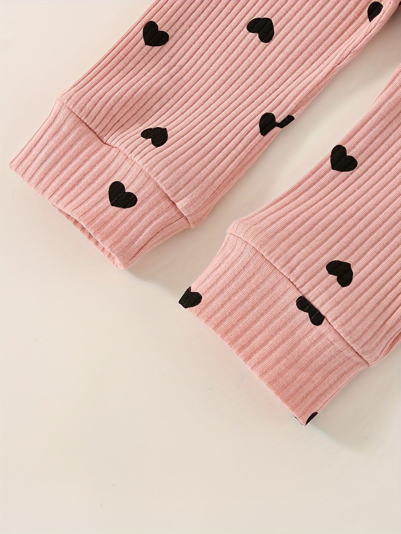 3pcs Baby Girl Outfit Set, Cute Ribbed Ruffle Long Sleeve Romper & Pants, 95% Cotton 5% Spandex, Crew Neck Pullovers, Solid Color, Regular Fit, No Belt, Fall/Winter Knit Fabric, 0-18 Months, for Outdoor