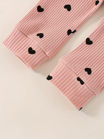 3pcs Baby Girl Outfit Set, Cute Ribbed Ruffle Long Sleeve Romper & Pants, 95% Cotton 5% Spandex, Crew Neck Pullovers, Solid Color, Regular Fit, No Belt, Fall/Winter Knit Fabric, 0-18 Months, for Outdoor