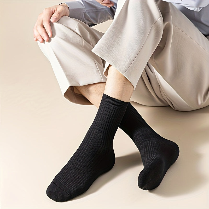 Men's Solid Color Crew Socks, Sweat-Absorbent & Breathable