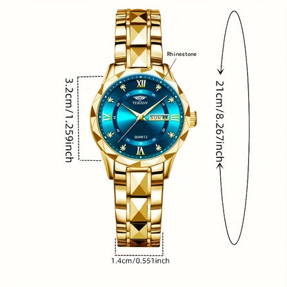 1pc Women's Stainless Steel Watch with Luminous Blue Dial, Date & Day Display, High Quality IPX7, Quartz Movement - Casual Elegant Design for Sports & Travel, Birthday Holiday Gift, Casual Attire, Secure Clasp Wristwatch
