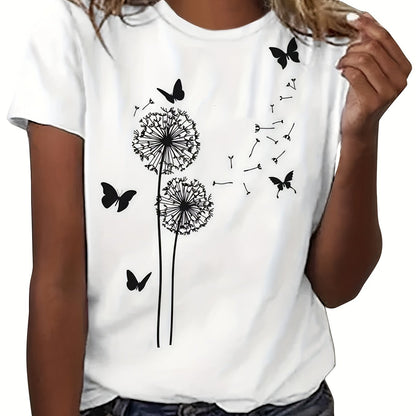 Dandelion &amp; Butterfly Print T-shirt, Casual Crew Neck կարճ թև վերնաշապիկ գարնան և ամառի համար, կանացի հագուստ