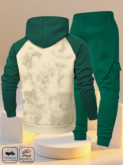 A New Trendy Color-Blocked Hoodie with Raglan Sleeves And Loose-Fitting Cargo Pants Featuring Multiple Pockets, Perfect for Casual Everyday Wear. This Breathable Hoodie And Loose Long Pants Set Comes in a Two-Piece Print Desi