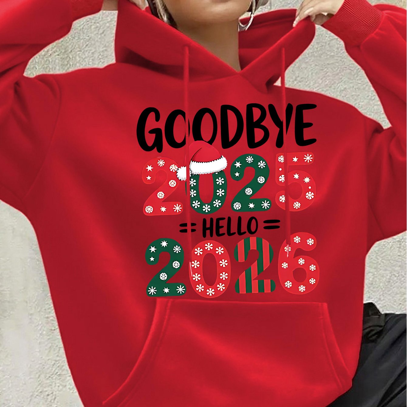 Women's White 2025 New Year & Christmas Hooded Sweatshirt - Goodbye 2024 2025 Print with Snowflakes & Candy Canes, Cozy Winter Pullover Hoodie, Relaxed Fit Casual Sweater for Holiday Parties & New Year's Eve Outfits