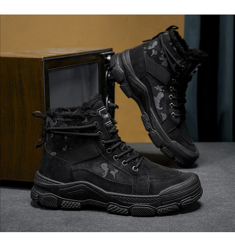 Men's High-Top Winter Boots with -Like Collar & - Heavy-Duty PU Upper, PVC Sole, Beige/Tan Lace-Up Snow Boots for Ice, Slush,, Outdoor (Warm Cold Weather Footwear)