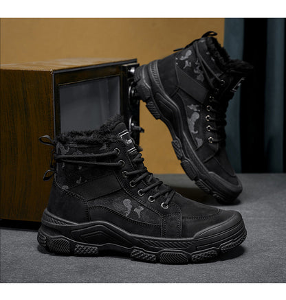 Men's High-Top Winter Boots with -Like Collar & - Heavy-Duty PU Upper, PVC Sole, Beige/Tan Lace-Up Snow Boots for Ice, Slush,, Outdoor (Warm Cold Weather Footwear)