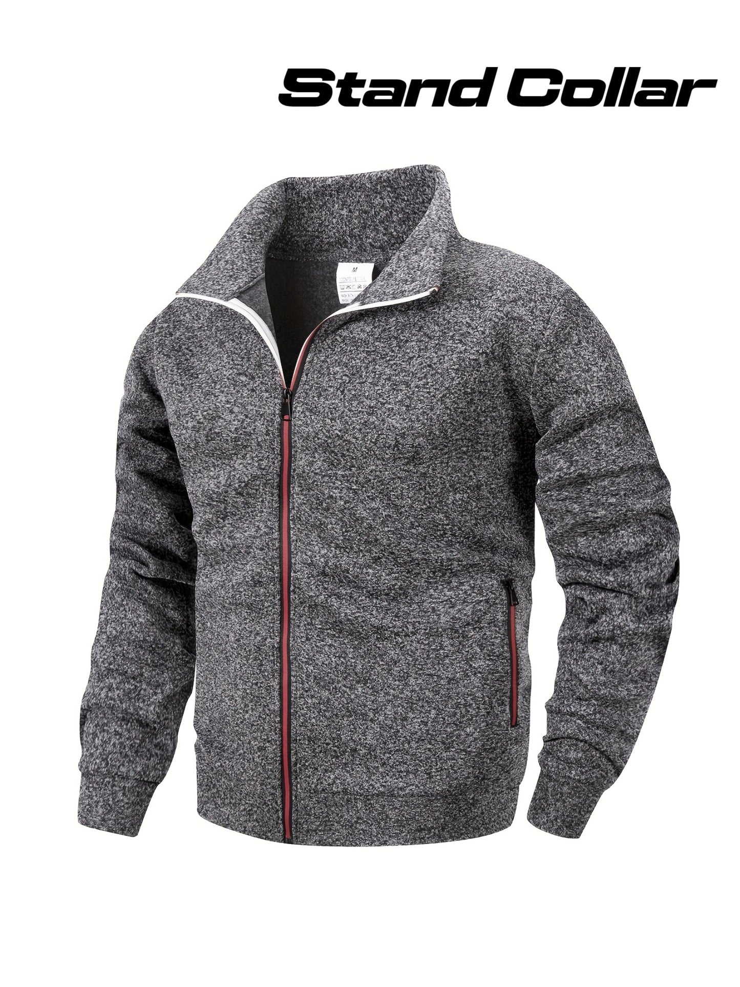 Men'S Stand Collar Zipper Jacket, Fashion Solid Color, Long Sleeve, Fleece, Soft, Casual, Polyester, with Zipper Pocket, for Daily, Sports, Fitness
