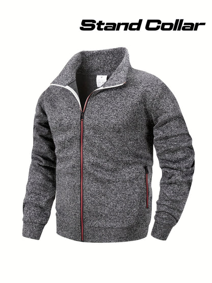 Men'S Stand Collar Zipper Jacket, Fashion Solid Color, Long Sleeve, Fleece, Soft, Casual, Polyester, with Zipper Pocket, for Daily, Sports, Fitness