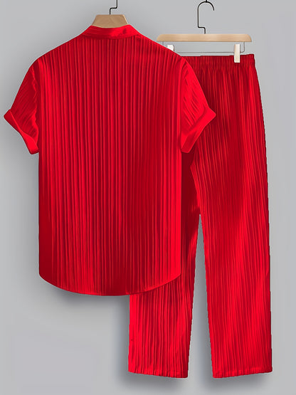 Men's Summer Casual Polyester Set with Stand Collar Shirt & Pants