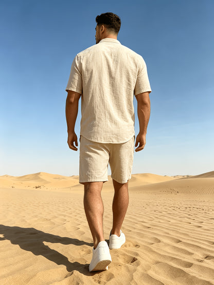 Men's Casual Linen Short Sleeve Shirt & Shorts Set for Summer