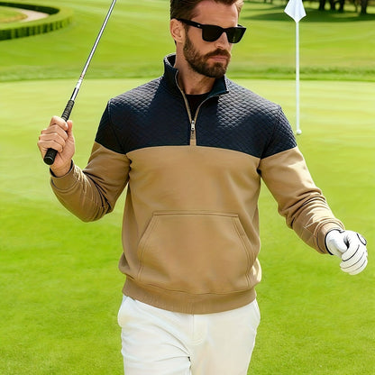 Տղամարդու աշնանային և ձմեռային կիսաճտքավոր սպորտային սվիտեր՝ հարմար մարզումների, վազքի և ֆիթնեսի համար, ոճային և հարմարավետ դիզայնով, փոքր վանդակավոր կանգնած օձիքով և հասանելի է մեծ չափսերով։